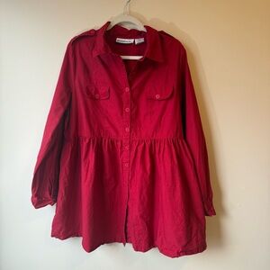 Denim 24/7 | Red Button-Up Peplum Babydoll Long Sleeve Shirt | 20W